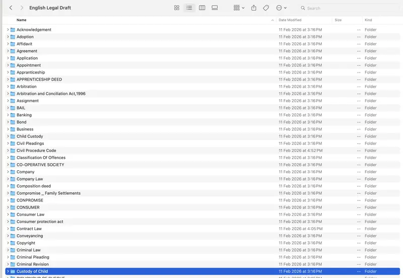 English Legal Drafts folder list A to C