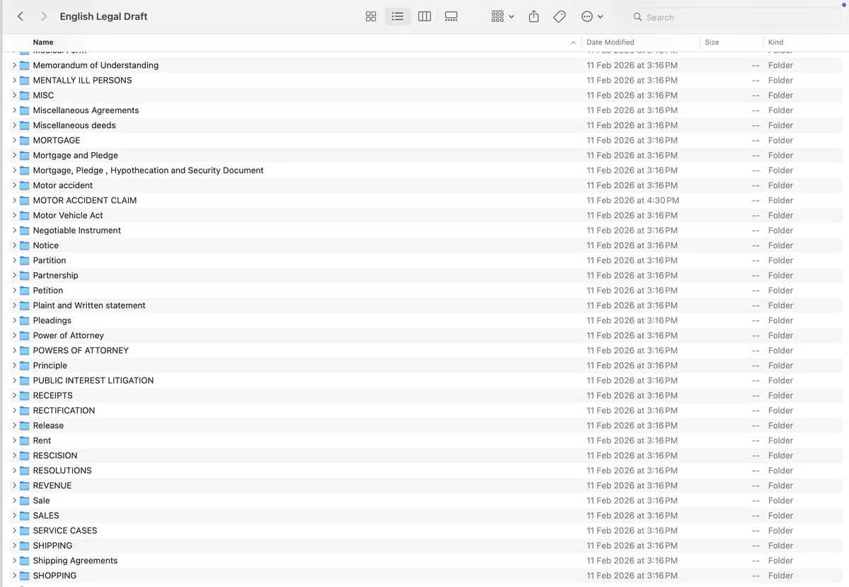 English Legal Drafts folder list D to M